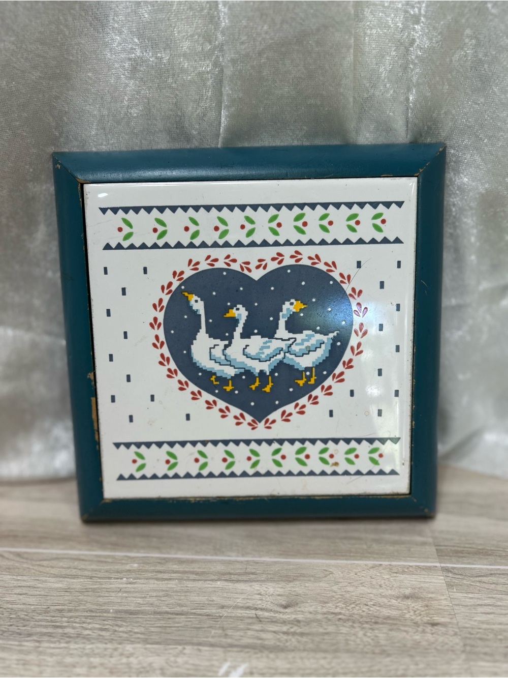 Country Goose Trivet Wall Hanging Ceramic Tile Blue Wood Frame Heart Decor
